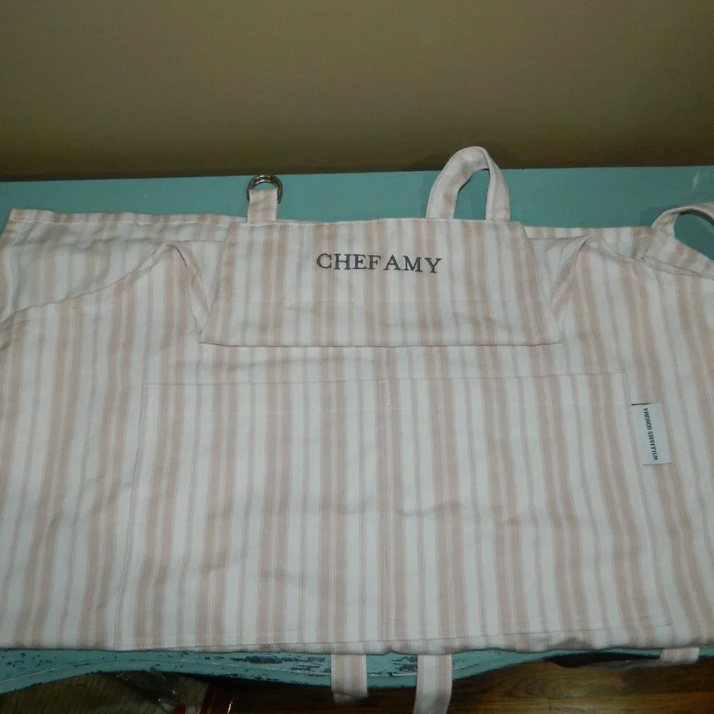 Williams Sonoma Classic Stripe Adult Apron Dusty Rose Mono “CHEF AMY